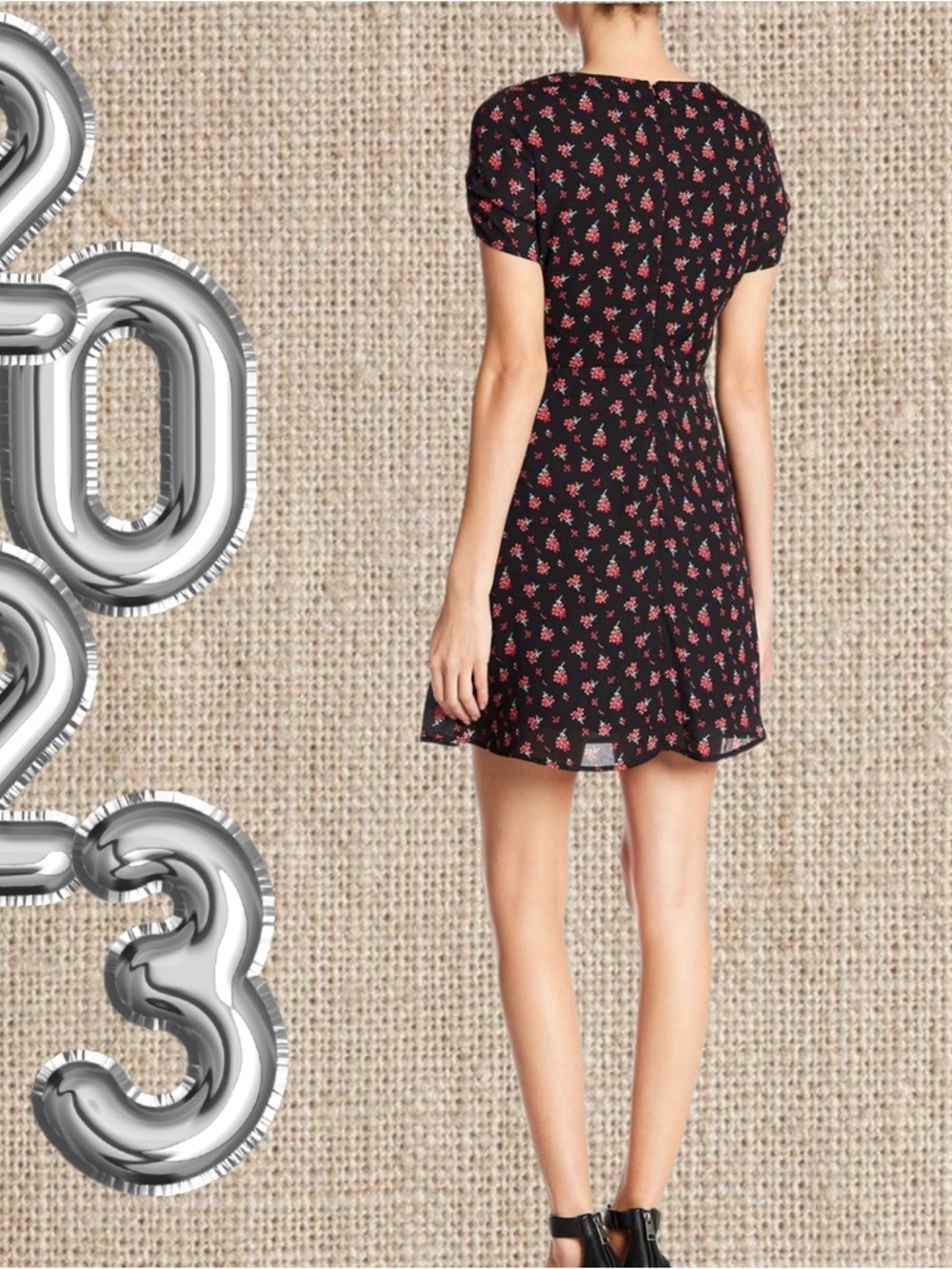 Floral Wrap V-Neck Mini Dress - Black with Pink Floral - Picture 4 of 4